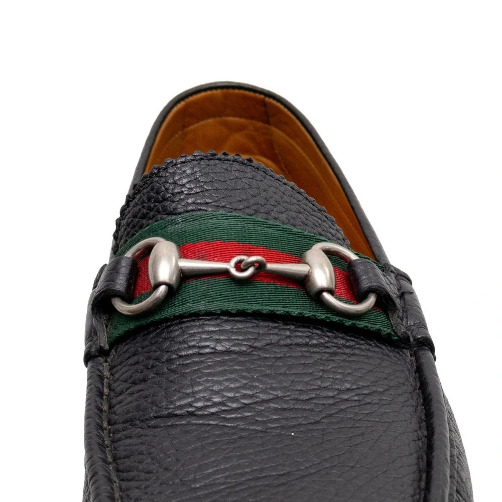 Gucci Mens Black Pebble Leather Horsebit Web Driving Loafers UK 8G US 9G w/ Box